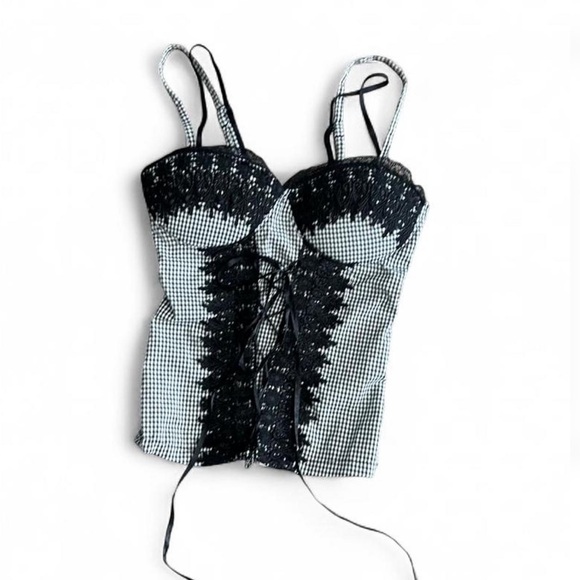 Seductions Tops - Seductions Black & White Lace-Up Bustier Camisole